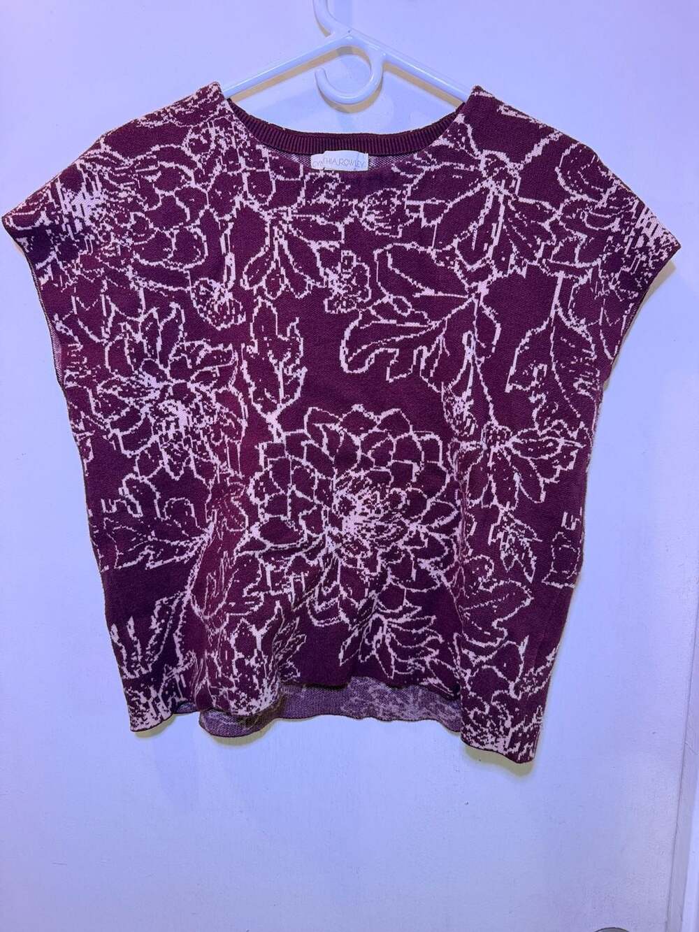 Cynthia Rowley Sleeveless Sweater Size L Burgundy Floral Knit Tank Top